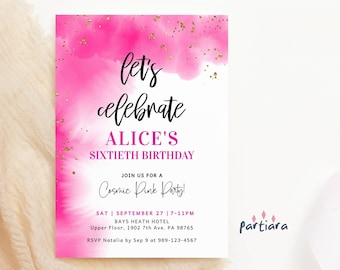 Fuchsia Pink Let's Celebrate Invitation Editable Digital Download Template Ladies Teen Girls Brunch Party Invite Printable P200