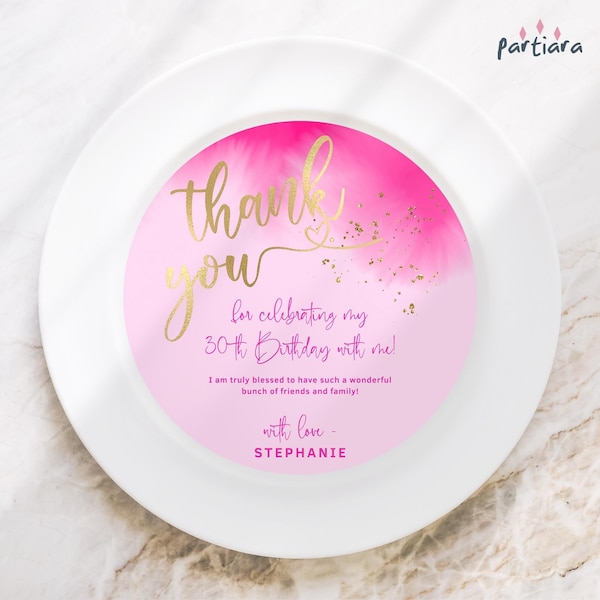 Fuchsia Hot Pink Plate Charger Card Printable Ladies Birthday Party Thank You Round Circle Cards Editable Template Gold Decor Download P400
