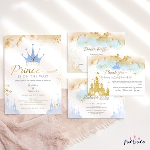 Invitación imprimible para baby shower de príncipe, fiesta de cuento de hadas, paquete de El principito está en camino, azul pastel, blanco y dorado, editable P137