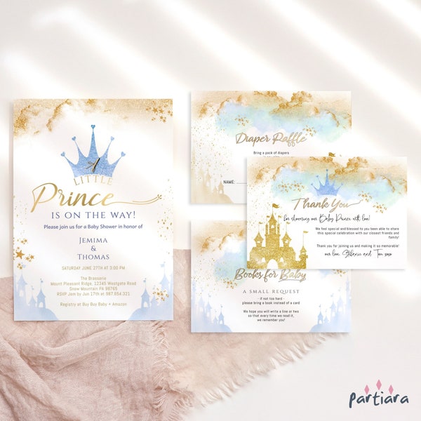 Invito per baby shower principesco, festa da favola stampabile, set di inviti per il piccolo principe, blu pastello, bianco e oro, modificabile P137