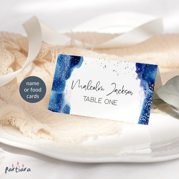 Blue Silver Name Place Cards Editable Men or Ladies Royal Navy Blues Dinner Party Table Food Tents Printable Digital Download P237