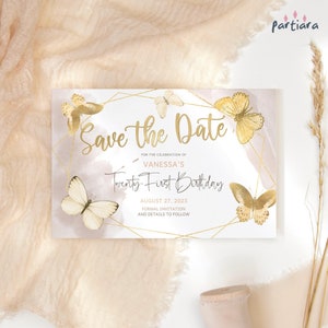Beige Save the Date Card Schmetterling Geburtstag Notecard druckbare, Damen speichern die Daten 50.60.70.Dinner Party bearbeitbare Vorlage P167