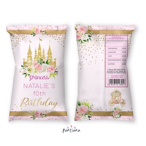 Bearbeitbare Prinzessin Geburtstag Chip Beutel Vorlage, Mädchen Rosa und Gold Glitzer Märchen Party Chip Beutel Label Wraps, DIY druckbare Gastgeschenke P137