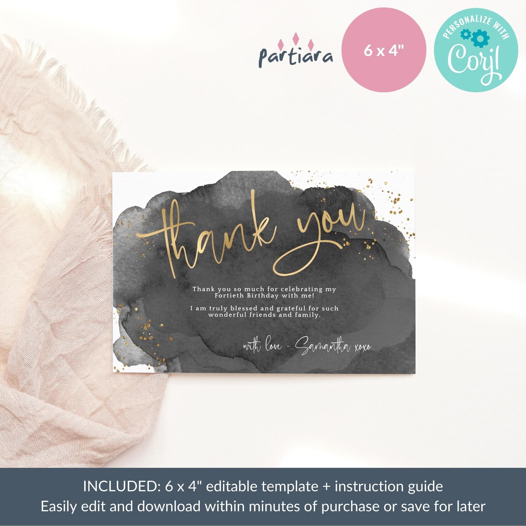 Birthday Thank You Card Template Black and Gold Party Printable, Teen ...