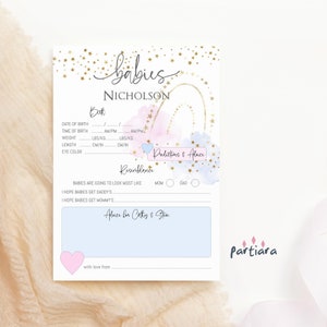 Carte de prédiction de jeux de douche de bébé jumeaux imprimable, souhaits et conseils de jumeaux arc-en-ciel garçon fille, déco bleu rose pastel, modèle modifiable P136