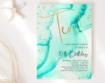 10th Birthday Invitation Printable for Girls: Aqua Gold Party Invite Template P297
