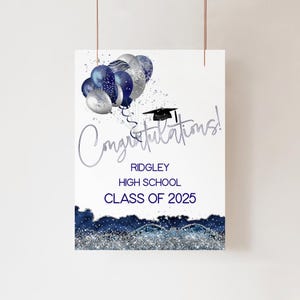 Graduation Sign, Welcome Grad Bash Poster Template, Boys Blue Silver Balloons Decor Printable, Editable 18x24 Download P656