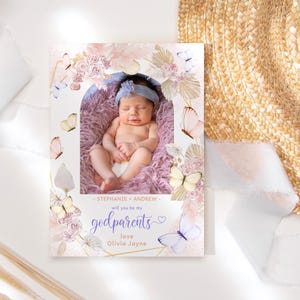 Carte Serez-vous mes parrains et marraines, carte de proposition de baptême bébé filles imprimable, décor floral bohème papillons, téléchargement numérique modifiable P171