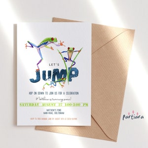 Verjaardag kikker uitnodigen, Lets Jump-feestuitnodiging voor jongens, buitenshuis natuurthema-evenementen afdrukbaar, picknickfeestkaart, bewerkbare download P22
