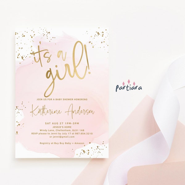 Blush Pink Baby Shower Invitation Editable It's a Girl Party Invite Template Pastel Pinks and Gold Elegant Simple Decor Printable P458