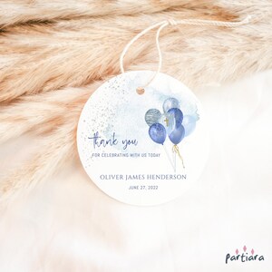 Boys Baptism Tags Thank You Favor Gift Template, 1st Birthday Joint Party Tag Printable, Blue Silver Balloons Decor, Editable Download P291