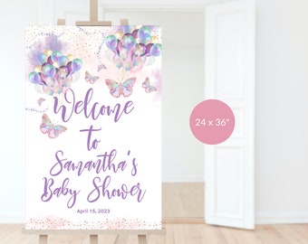 Purple Butterfly Welcome Sign Girl Baby Shower Butterflies Balloons Party Welcome Poster Decor Printable Editable Digital Download P87