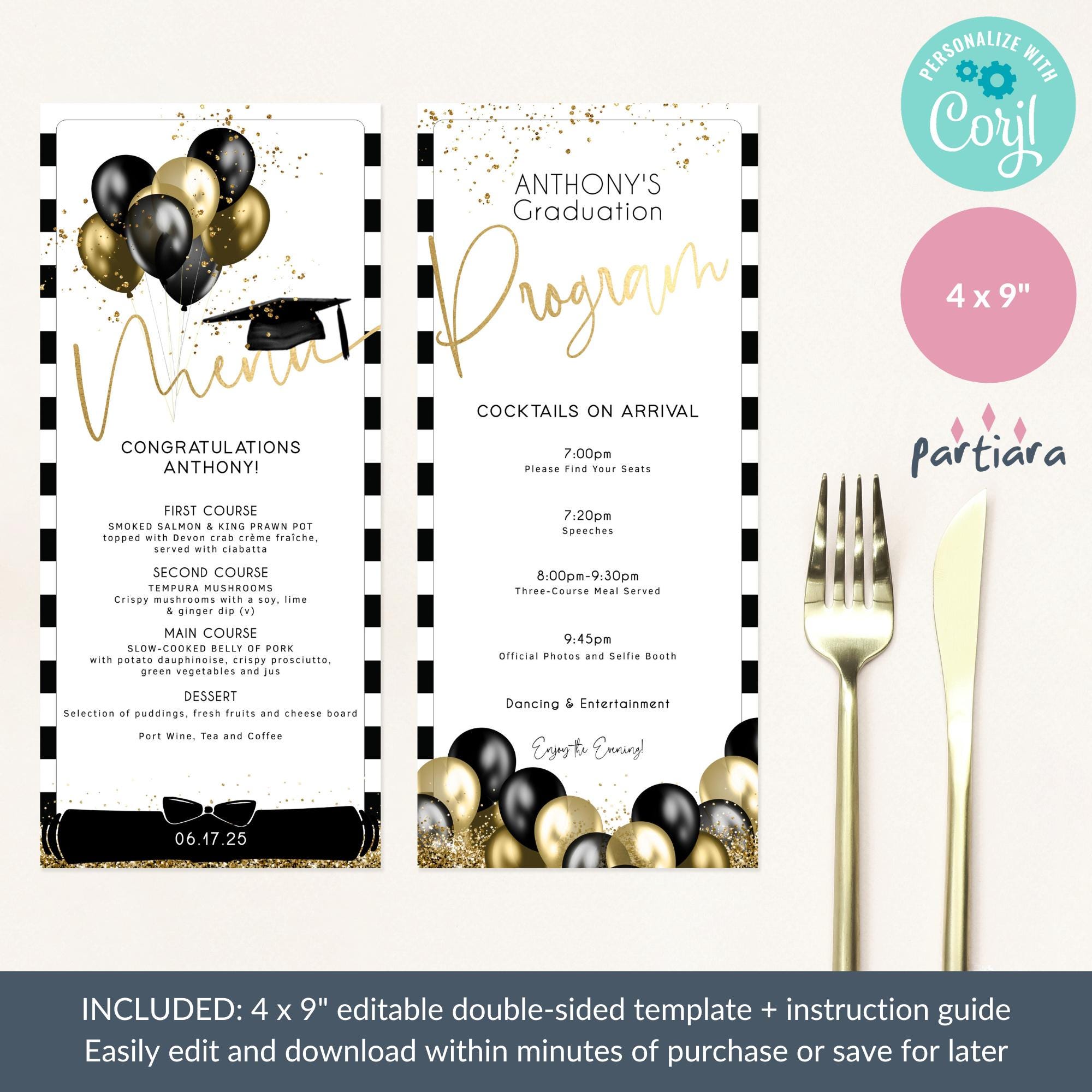 Graduation Program Menu Template Card Printable, Editable Grad Dinner ...