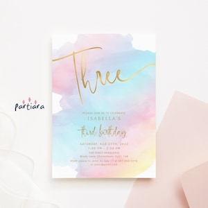 3rd Birthday Invitation Rainbow Party Template, Pastel Tea Party Invite Printable, Unicorn Theme, Editable Digital Download P179