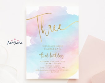 3rd Birthday Invitation Rainbow Party Template, Pastel Tea Party Invite Printable, Unicorn Theme, Editable Digital Download P179