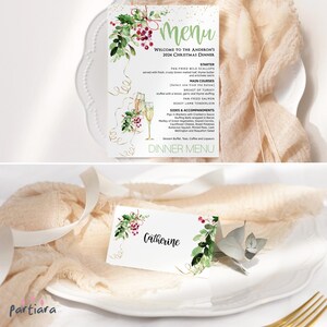 Christmas Menu Place Setting Editable Template, Christmas Dinner Party Tablescape Printable Name Place Cards, Food Tent Labels Set P7
