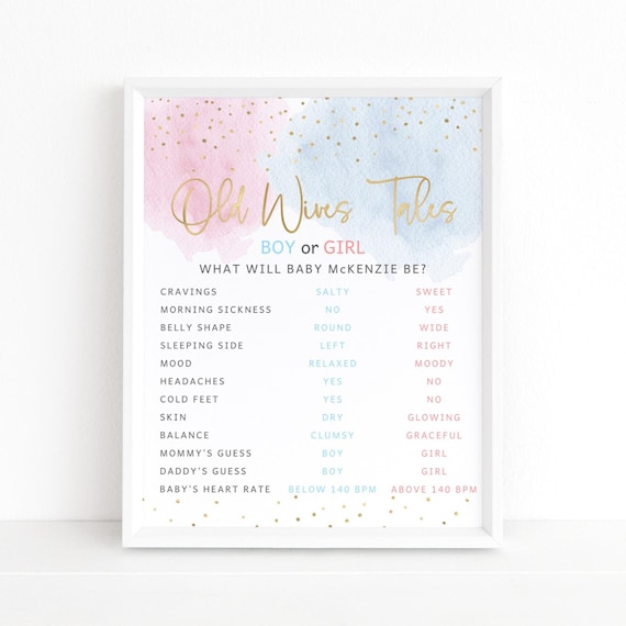 Gender Reveal Party Game Old Wives Tales DIY Printable Sign Editable Questions Boy Girl Baby Shower Activity Guessing Games Decor Poster P16