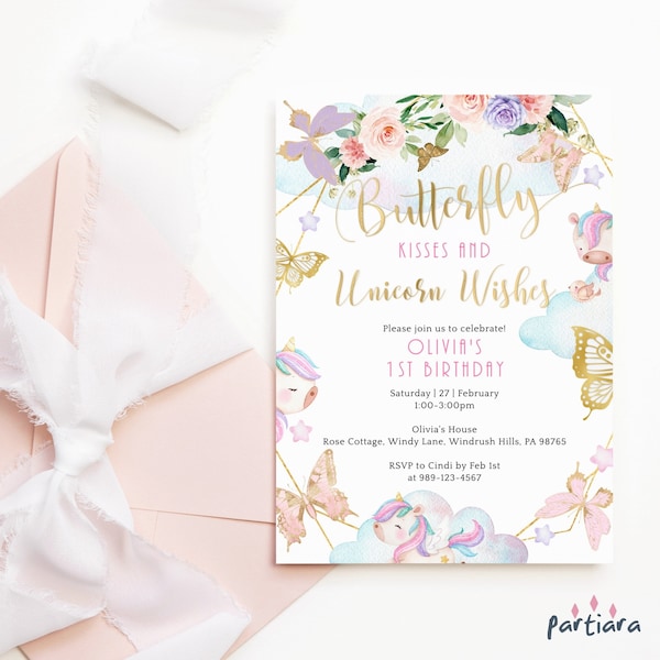 Unicorn Wishes Invite, 1st Birthday Butterfly Kisses Invitation, Pink Purple Floral Butterflies Printable, Editable Digital Download P634