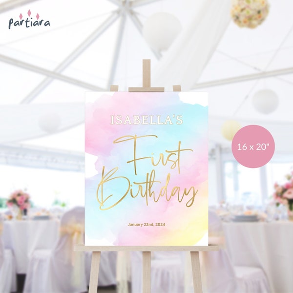 Rainbow 1st Birthday Welcome Sign Printable, Girls Pastel First Party Welcome Poster Board Editable Digital Download Template P179