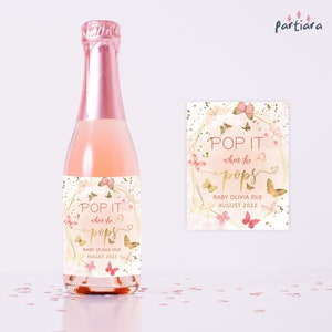 Modello di etichette per bomboniere per vino Boho Baby Shower, etichetta per regali di vino a forma di farfalla per bambine stampabile, decorazione rosa pesca, download digitale modificabile P130
