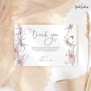Carte de remerciement papillon, carte de voeux nuptiale imprimable, cartes d'anniversaire de remerciement fleurs sauvages, notes de shower de bébé fille, P256 modifiable