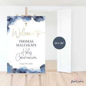Cartello per la prima comunione, benvenuto poster per la prima comunione 24x36 stampabile, decorazioni per ragazzi blu navy bianco oro, modello modificabile da scaricare P239