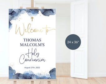 Heilige Kommunion Zeichen, Willkommen erste heilige Kommunion Poster 24 x 36 druckbar, Jungen marine blau weiß gold Dekor, bearbeitbare Vorlage Download P239