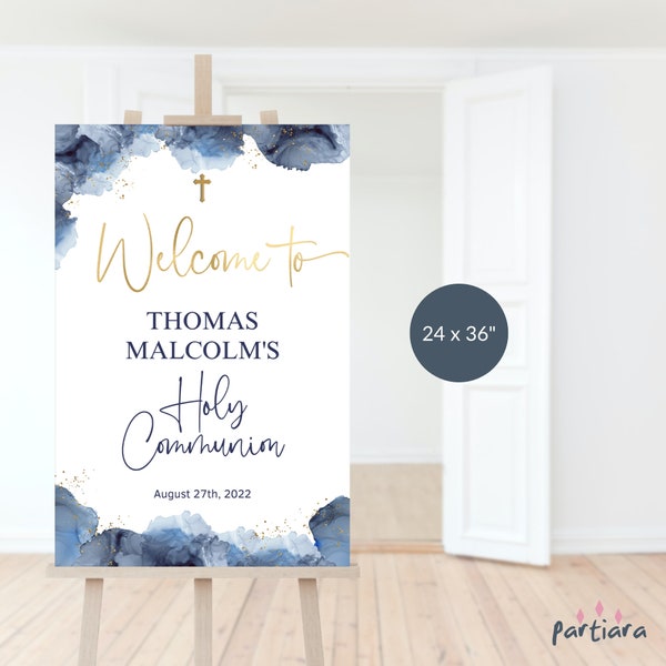 Boy First Holy Communion Party Welcome Sign Printable Navy Blue Gold Baptism Christening Poster Decor Editable Template 24x36 P132 P239