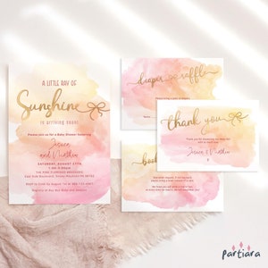BABY SHOWER SUNSHINE Invitation Bundle Printable, A Little Ray of Sunshine Party Invite Set, Pastel Pink Orange Yellow Ombre, Editable P178