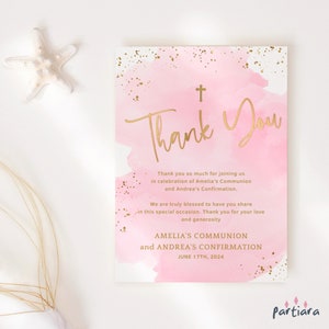 Tarjetas de agradecimiento para primera comunión, decoración imprimible para mesa de bautizo en rosa pastel, decoración para fiesta de bautizo de niña, editable P761