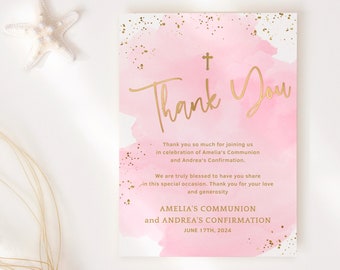 Modello modificabile biglietto di ringraziamento comunione rosa, biglietti di ringraziamento per battesimo o battesimo ragazza stampabili, decorazioni in oro pastello, Scarica P761