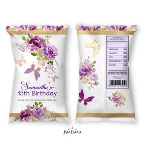 Butterfly Chip Bag, Quinceanera Chips Bag Label, Girls Birthday Party Favors Printable, Pink Purple Gold Floral Decor, Editable P276