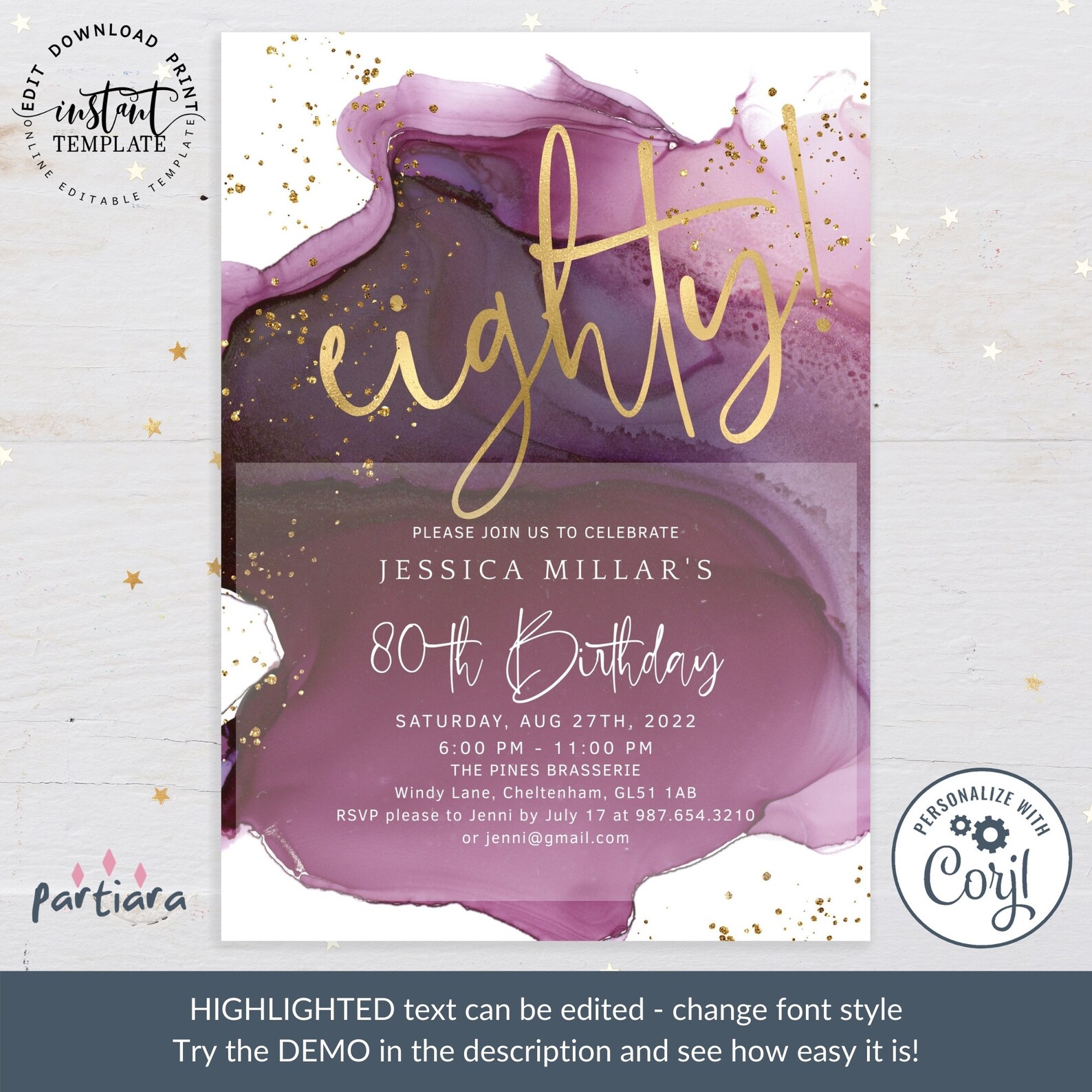 80th Birthday Invitation Digital Download Editable Template | Etsy