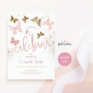 Vlinder verjaardagsuitnodiging afdrukbare Spaanse dames Fiesta elke leeftijd diner uitnodigen bewerkbare sjabloon Blush roze roségoud P6 P532