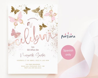 Butterfly Birthday Invitation Printable Spanish Ladies Fiesta Any Age Dinner Party Invite Editable Template Blush Pink Rose Gold P6 P532