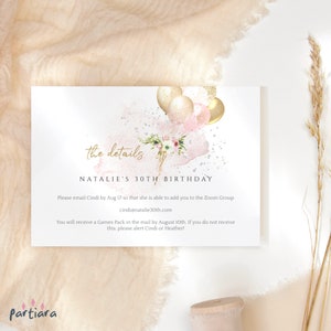 Sweet 16 Details Karte, Geburtstagseinladung Einsätze druckbar, Mädchen Ereignisse Notecard Vorlage, Rosa Goldballons, Bearbeitbarer Download P344