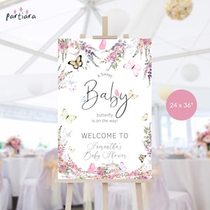 Welcome Sign Girl Baby Shower Butterfly Wildflowers, Floral Baby Welcome Poster Decor, Pastel Flower Blooms, Editable Digital Download P256