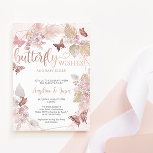 Butterfly Baby Shower Invitation, Boho Butterfly Kisses and Baby Wishes Girls Printable, Pastel Rose Gold Decor, Editable Template P171