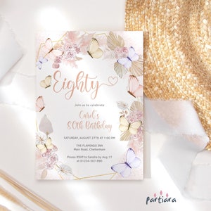 Modèle d'invitation bohème pour 80e anniversaire, 80 Invitation de fête florale imprimable, carte papillon rose lilas rose pastel pour femme, téléchargement modifiable P171