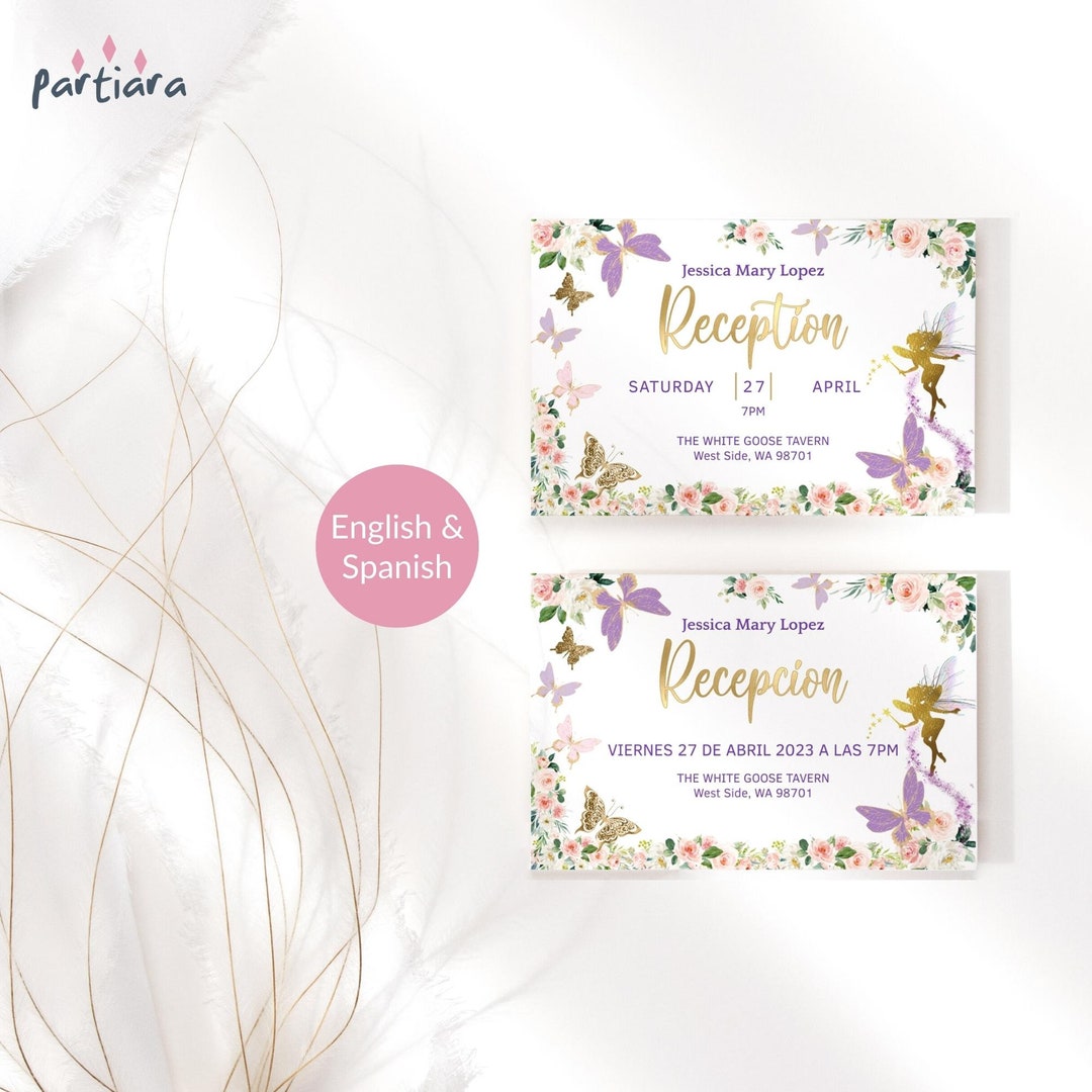 Girl Birthday Reception Cards Printable Fairy Butterfly Party Reminder Card Editable Template ...