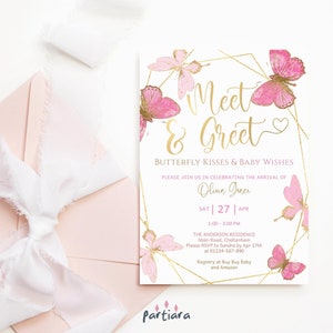 New Baby Girl Meet and Greet Invitation DIY Editable Pink and Gold Butterfly Decor, Partiara Printable Digital Download P144