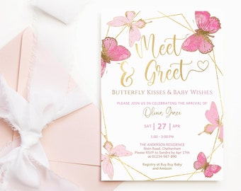 New Baby Girl Meet and Greet Invitation DIY Editable Pink and Gold Butterfly Decor, Partiara Printable Digital Download P144