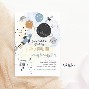 Space Birthday Pool Party Invitation Printable Boy's Outerspace Invite Editable Template Spaceship Rocket Planet Decor Digital Download P166