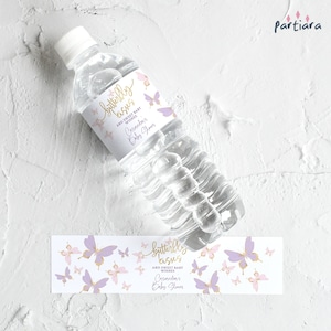 Butterfly Kisses Water Bottle Label Template, Girls Baby Shower Favor Labels Printable, Pink Purple Decor, Editable Digital Download P345