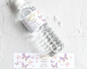 Modèle d’étiquette d’eau de baisers de papillon, faveurs de fête de douche de bébé de fille imprimables, papillons d’anniversaire blush rose violet, modifiable P345