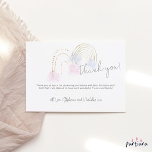 Rainbow Thank You Card Baby Shower Printable, Boy Girl Twins Birthday Notecards, Pastel Blue Pink Decor, Editable Template Download P136