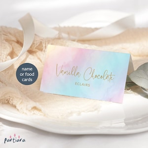Modèle modifiable pastel arc-en-ciel fête nourriture tente cartes fille nuage neuf 9e anniversaire noms marque-places imprimable téléchargement P179