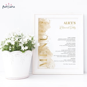 All White Gold Food Menu Card Editable 8x10 Template Ladies Birthday Buffet Menus Printable Elegant Simple Table Decor Download P441