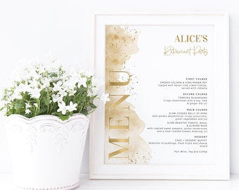 All White Gold Food Menu Card Editable 8x10 Template Ladies Birthday Buffet Menus Printable Elegant Simple Table Decor Download P441