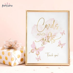 Cartões e presentes de borboleta rosa blush, placa de mesa para impressão, festa de aniversário de menina, chá de bebê, pôster, decoração, modelo editável para download P293